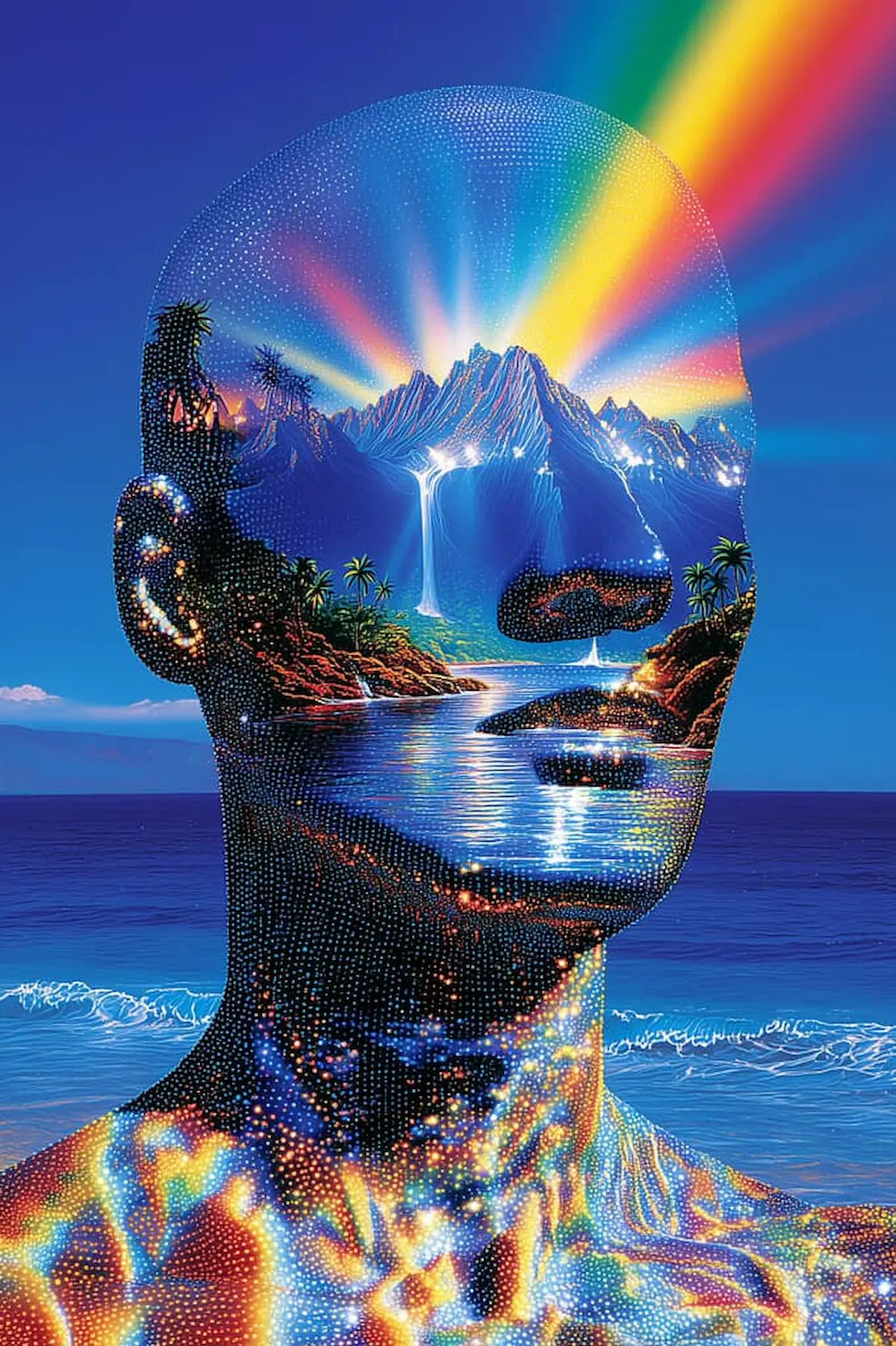 Person in a helmet looking at a futuristic scene